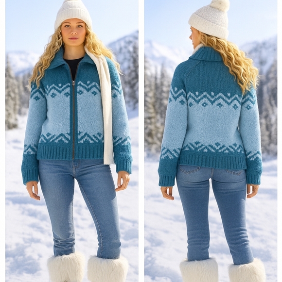 Mary Maxim Sweaters - Women's Blue Patterned Cardigan Sweater